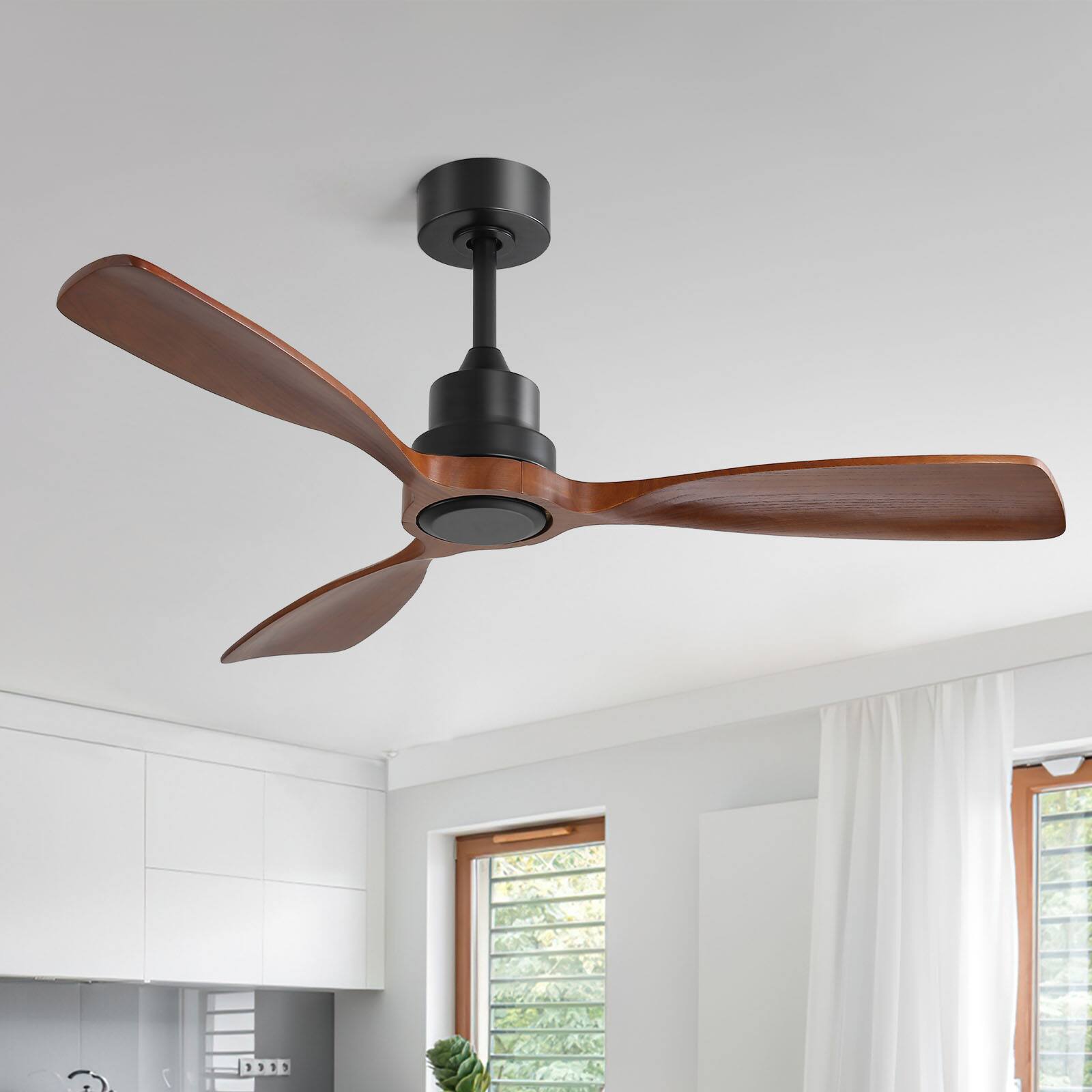 Alt View 3. Sofucor - Modern Solid Wood Low Profile Ceiling Fans No Light Quiet DC Motor 6 Speed & Timer & Reversible for Bedroom Living Room - 48'' - Downrods Ceiling.