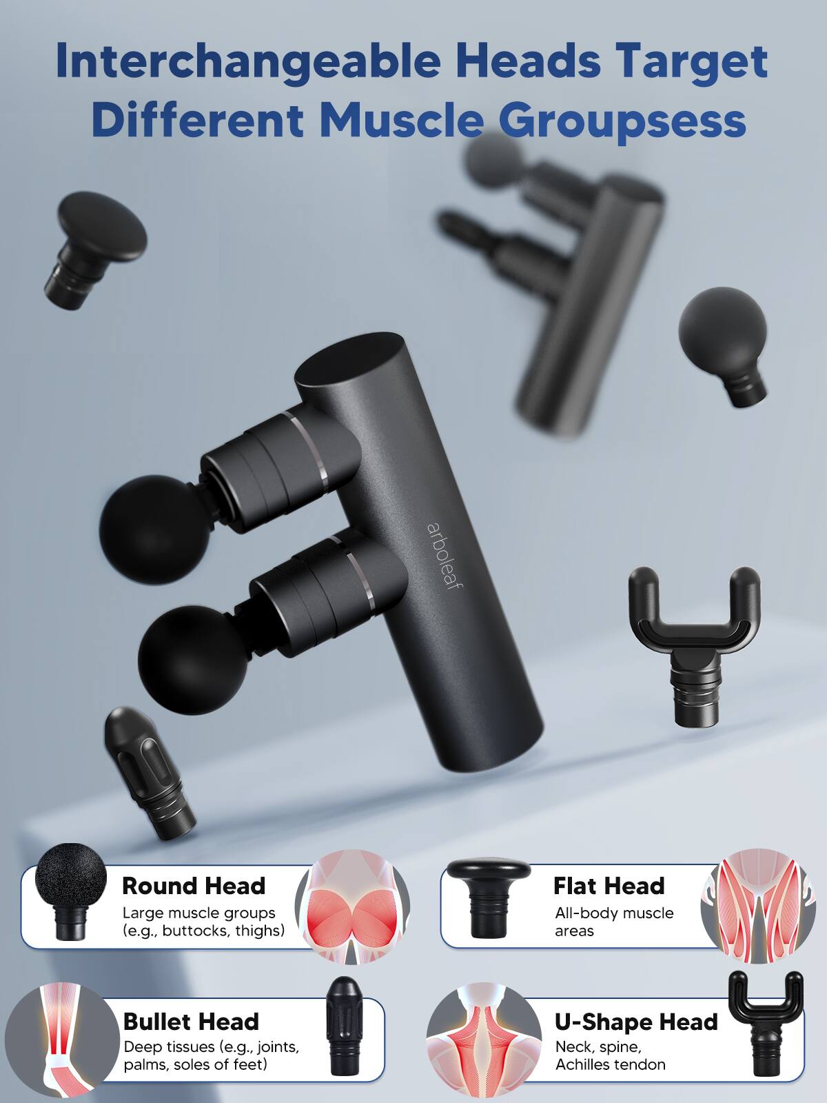 Interchangeable Heads Target Different Muscle Groupss

- Round Head: Large muscle groups (e.g., buttocks, thighs)
- Flat Head: All-body muscle areas
- Bullet Head: Deep tissues (e.g., joints, palms, soles of feet)
- U-Shape Head: Neck, spine, Achilles tendon