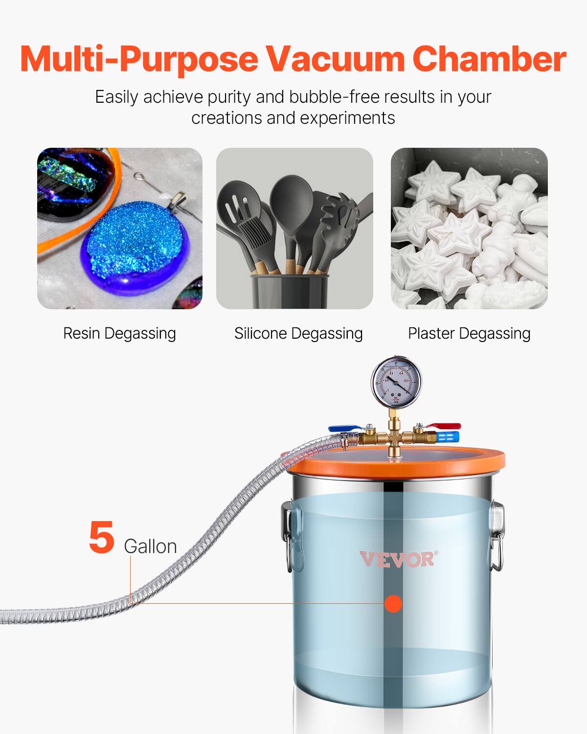 Multi-Purpose Vacuum Chamber

Easily achieve purity and bubble-free results in your creations and experiments

Resin Degassing
Silicone Degassing
Plaster Degassing

5 Gallon

VEVOR