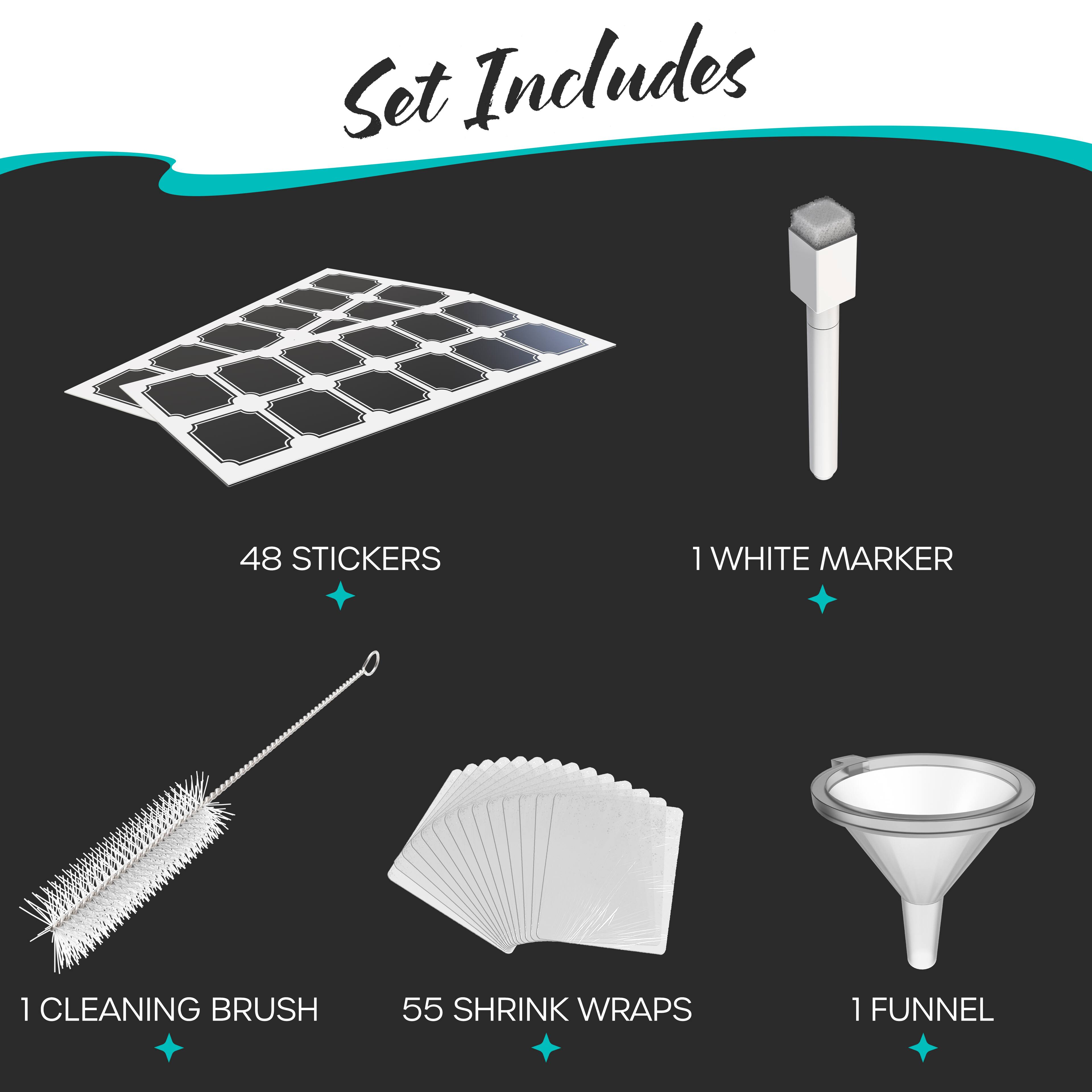 Set Includes

- 48 STICKERS
- 1 WHITE MARKER
- 1 CLEANING BRUSH
- 55 SHRINK WRAPS
- 1 FUNNEL