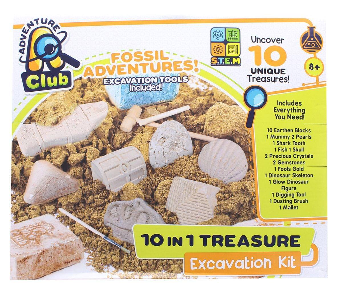 CADVENTURE FOSSIL S.T.E.M 10 Uncover ADVENTURES! 8+ UNIQUE Club EXCAVATION TOOLS Treasures! Included! Includes Everything You Need! B 10 Earthen Blocks 1 Mummy 2 Pearls 1 Shark Tooth 1 Fish 1 Skull 2 Precious Crystals 2 Gemstones 1 Fools Gold 1 Dinosaur Skeleton 1 Glow Dinosaur Figure 1 Digging Tool 1 Dusting Brush 1 Mallet 10 IN 1 TREASURE Excavation Kit