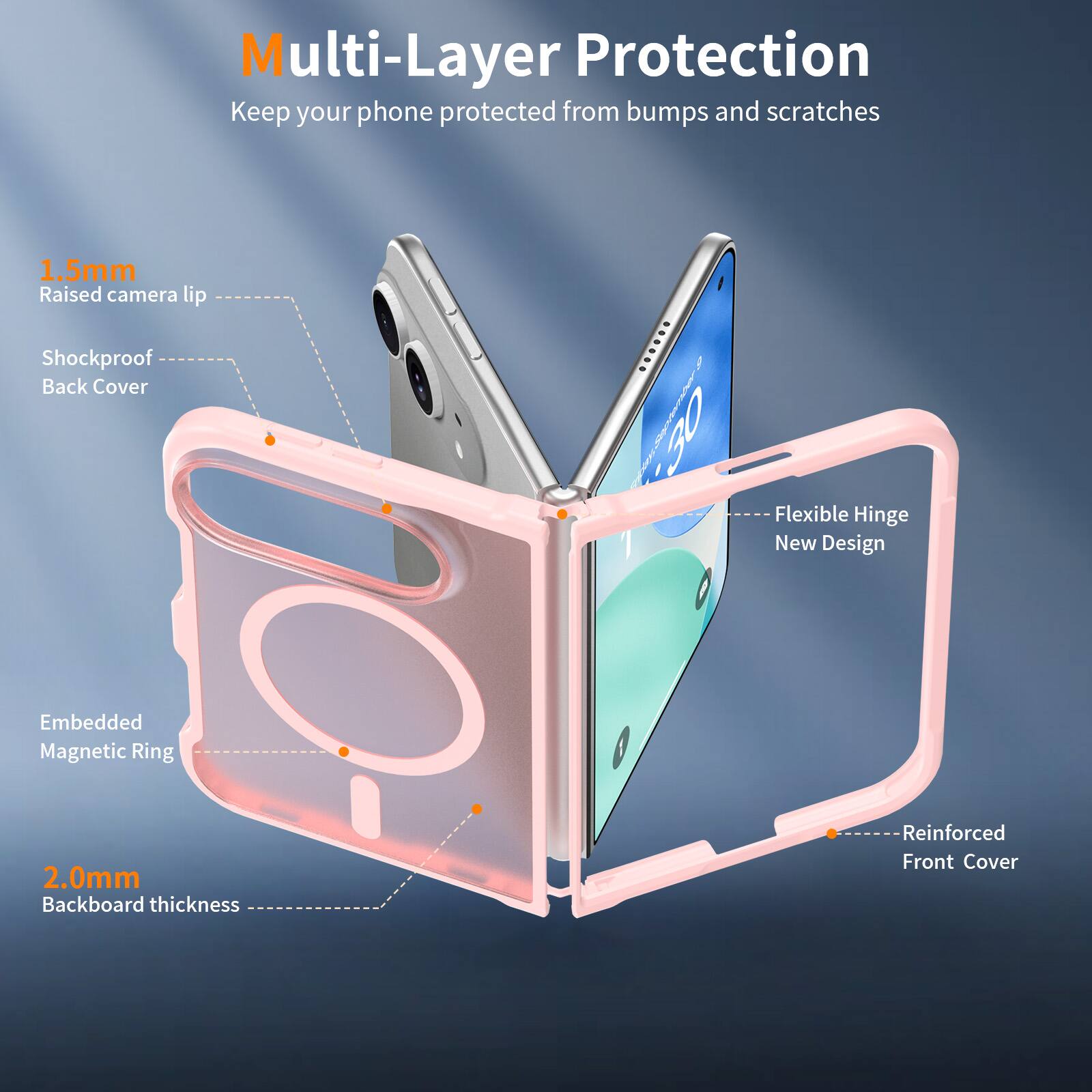 Multi-Layer Protection  
Keep your phone protected from bumps and scratches

1.5mm Raised camera lip  
Shockproof Back Cover  
Flexible Hinge New Design  
Embedded Magnetic Ring  
2.0mm Backboard thickness  
Reinforced Front Cover