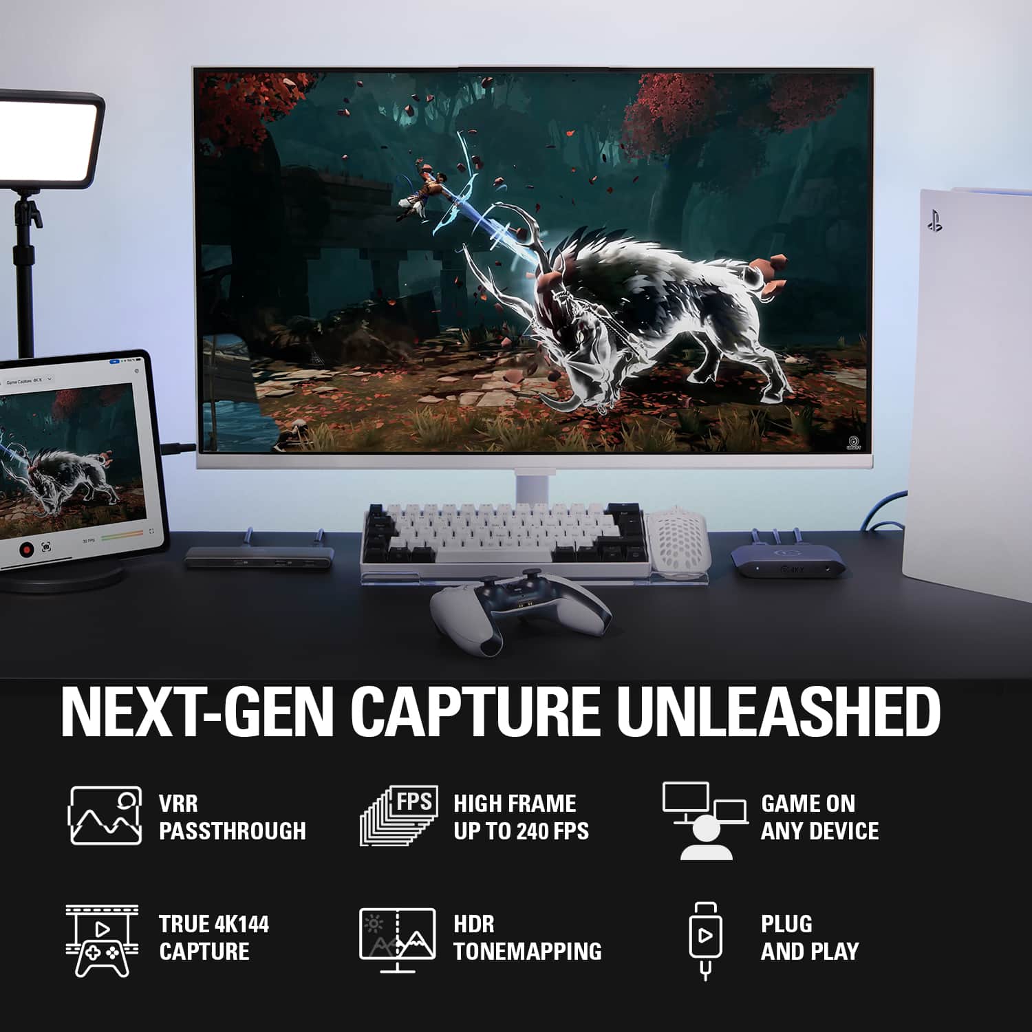The text on the image is grouped as follows:
* Next-gen capture unleashed
* VRR passthrough
* FPS high frame up to 240 FPS
* Game on any device
* True 4K144 capture
* HDR tone mapping
* Plug and play