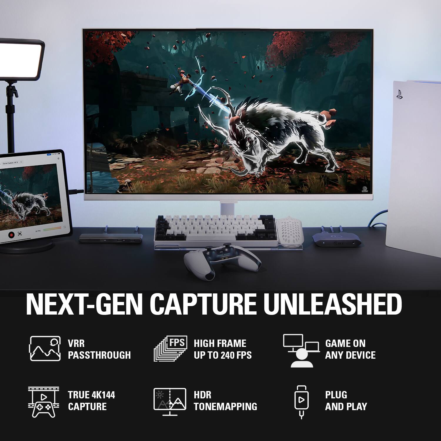 The text on the image is grouped as follows:

* Next-gen capture unleashed
* VRR passthrough
* FPS high frame up to 240 FPS
* Game on any device
* True 4K144 capture
* HDR tone mapping
* Plug and play
