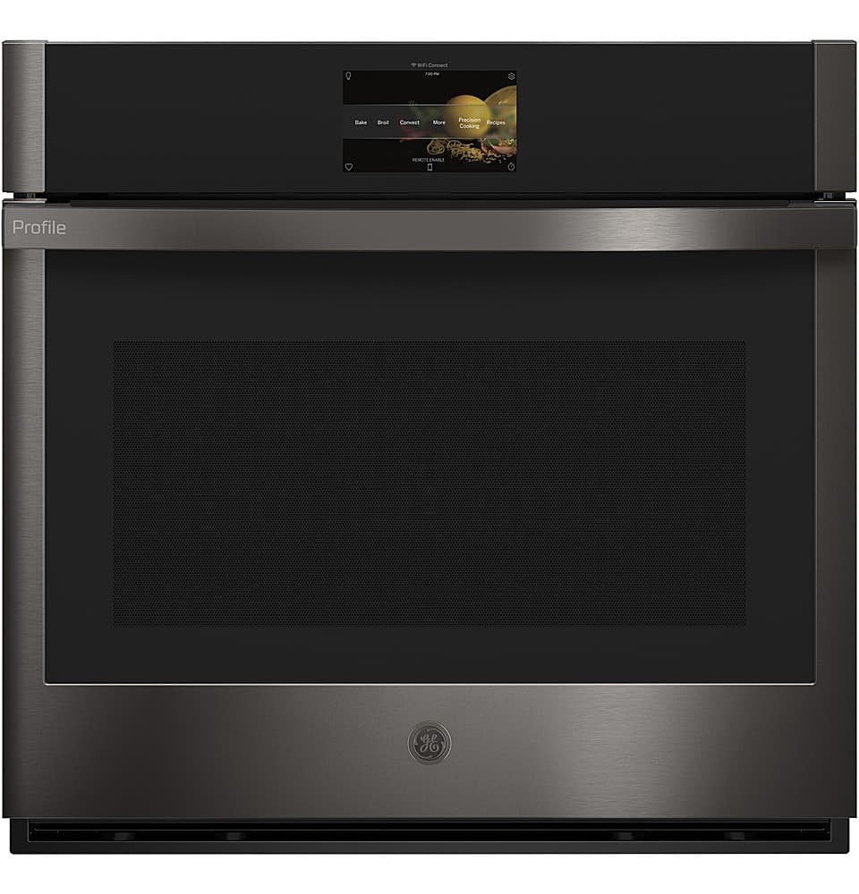 Front. GE Profile - 30" Smart Built-In Single Electric Convection Wall Oven with Air Fry & Precision Cooking - Black Stainless Steel.