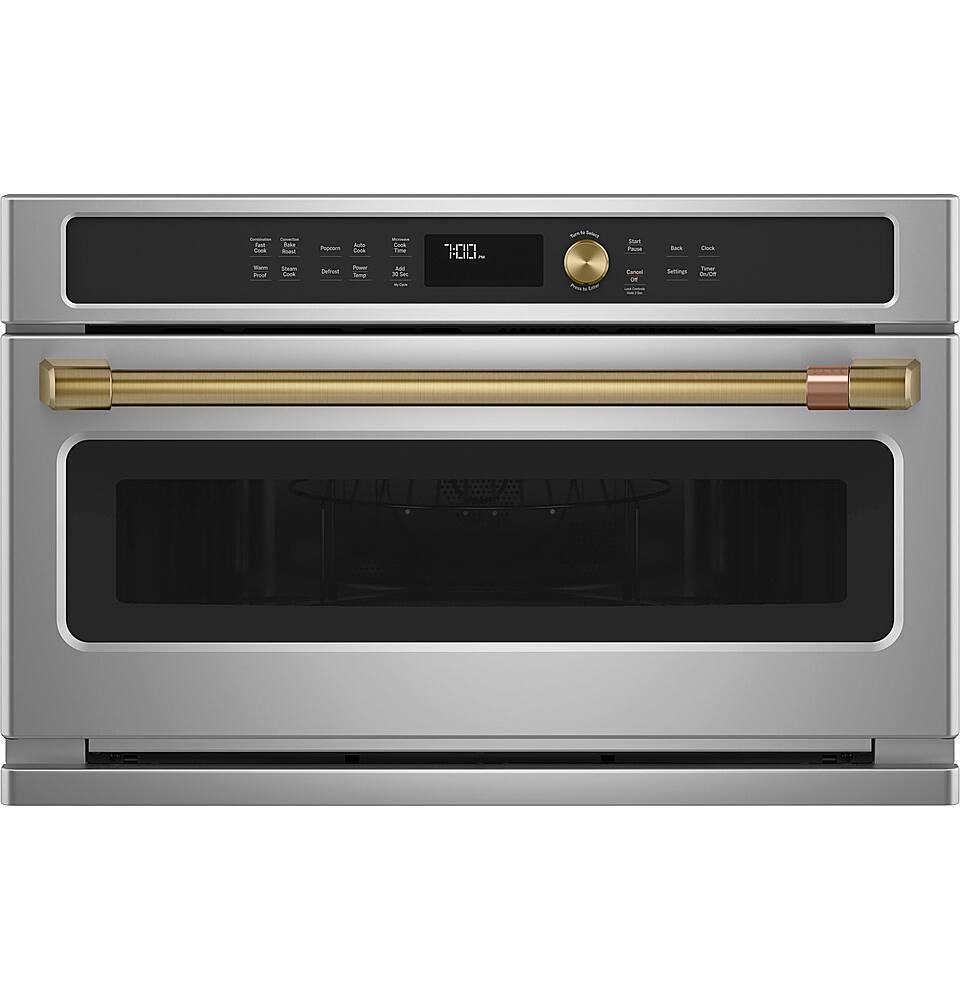 The image features a stainless steel oven with a digital display showing the time of 1:00. The oven has a gold handle and a gold knob, giving it a sleek and modern appearance.
