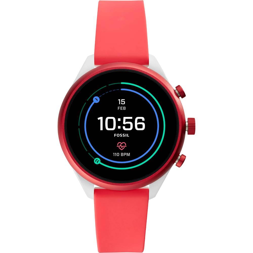 Front. Fossil - Sport Smartwatch 41mm Aluminum - Red with Red Silicone Band.