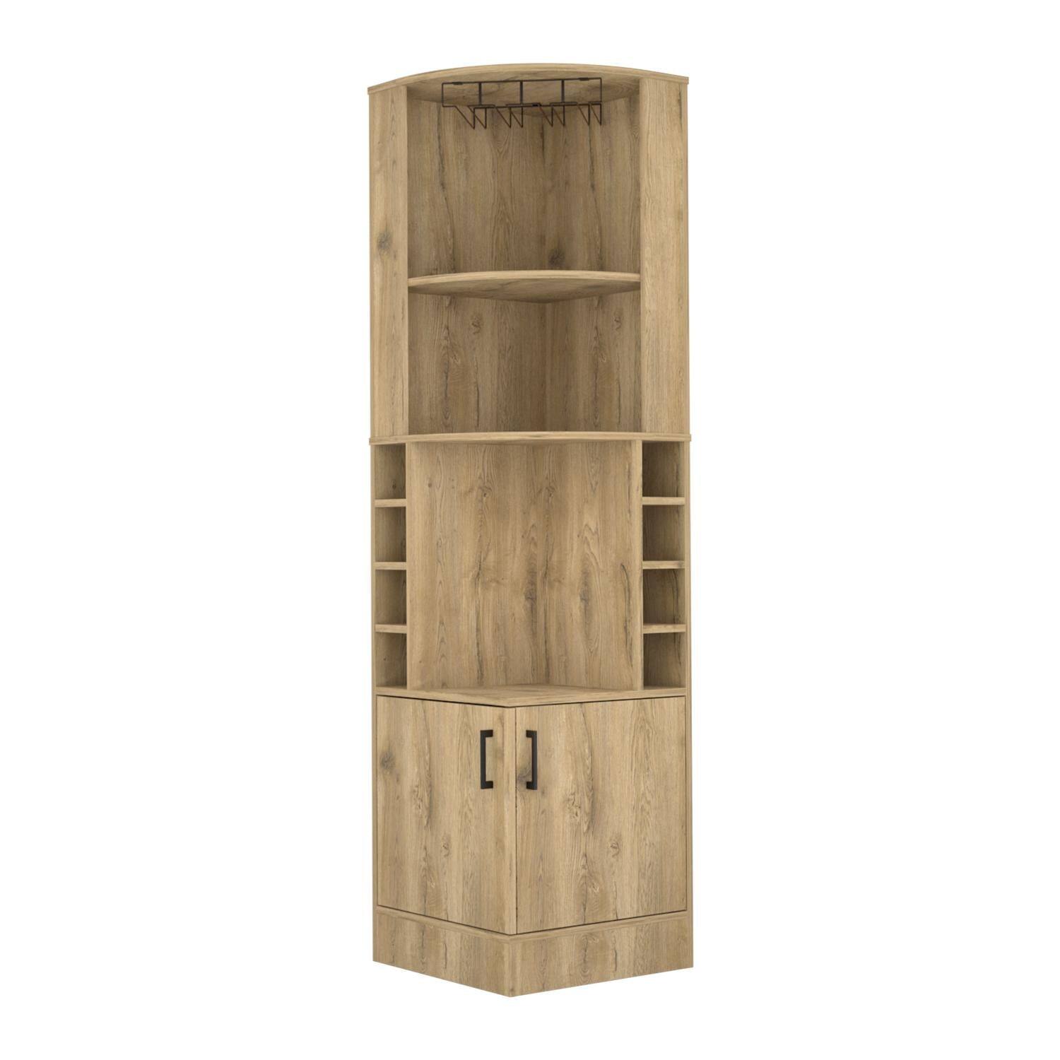 Back. TuHome - Syrah Corner Bar Cabinet, Eight Bottle Cubbies, Double Door, Two Open Shelves, Bar Room or Living Room - Macadamia.