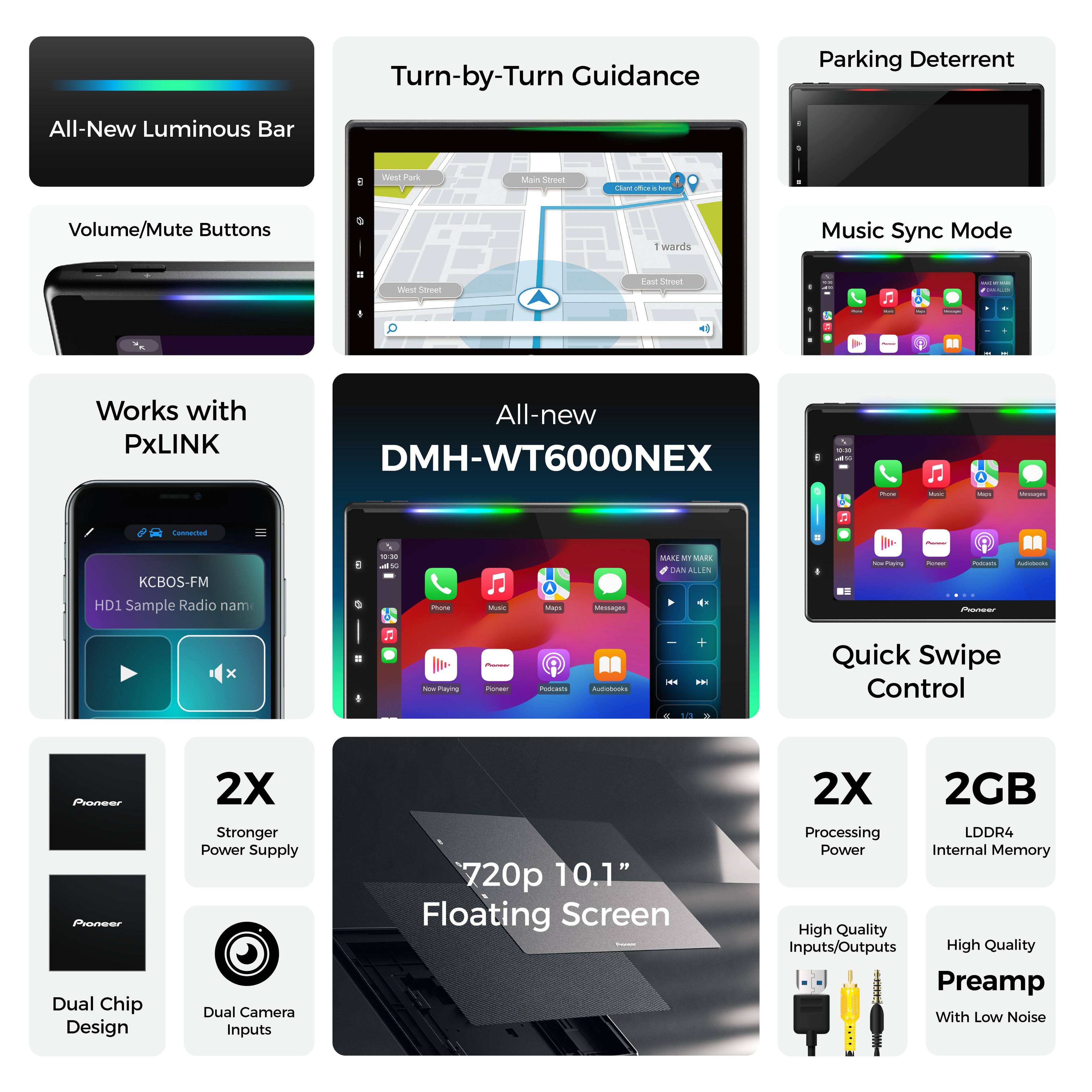 Turn-by-Turn Guidance  
Parking Deterrent  
All-New Luminous Bar  
Volume/Mute Buttons  
Music Sync Mode  
Works with PxLINK  
All-new DMH-WT6000NEX  
KCBO5-FM HD1 Sample Radio  
Quick Swipe Control  
Pioneer Dual Chip Design  
2X Stronger Power Supply  
Dual Camera Inputs  
720p 10.1" Floating Screen  
2X Processing Power  
2GB LDDR4 Internal Memory  
High Quality Inputs/Outputs  
High Quality Preamp With Low Noise