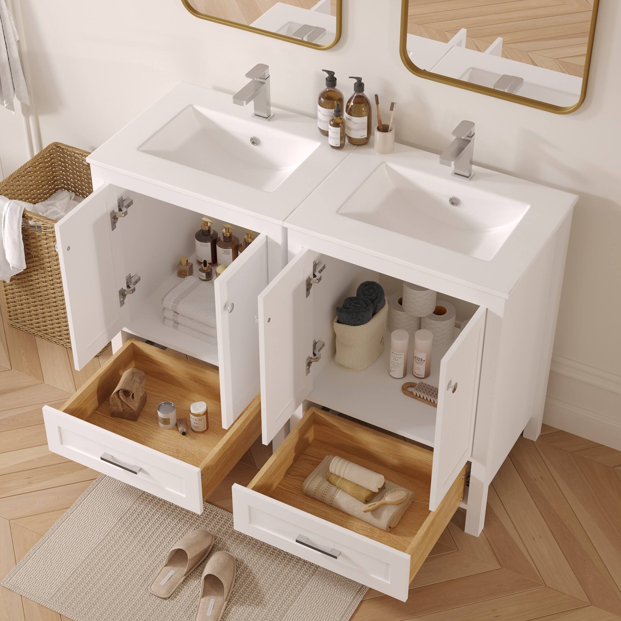 Alt View 8. U-HOMY - Modern Bathroom Vanity with Ceramic Sink, Soft-Close Storage Cabinet and Drawer, Glossy Countertop, White - 24"x18".