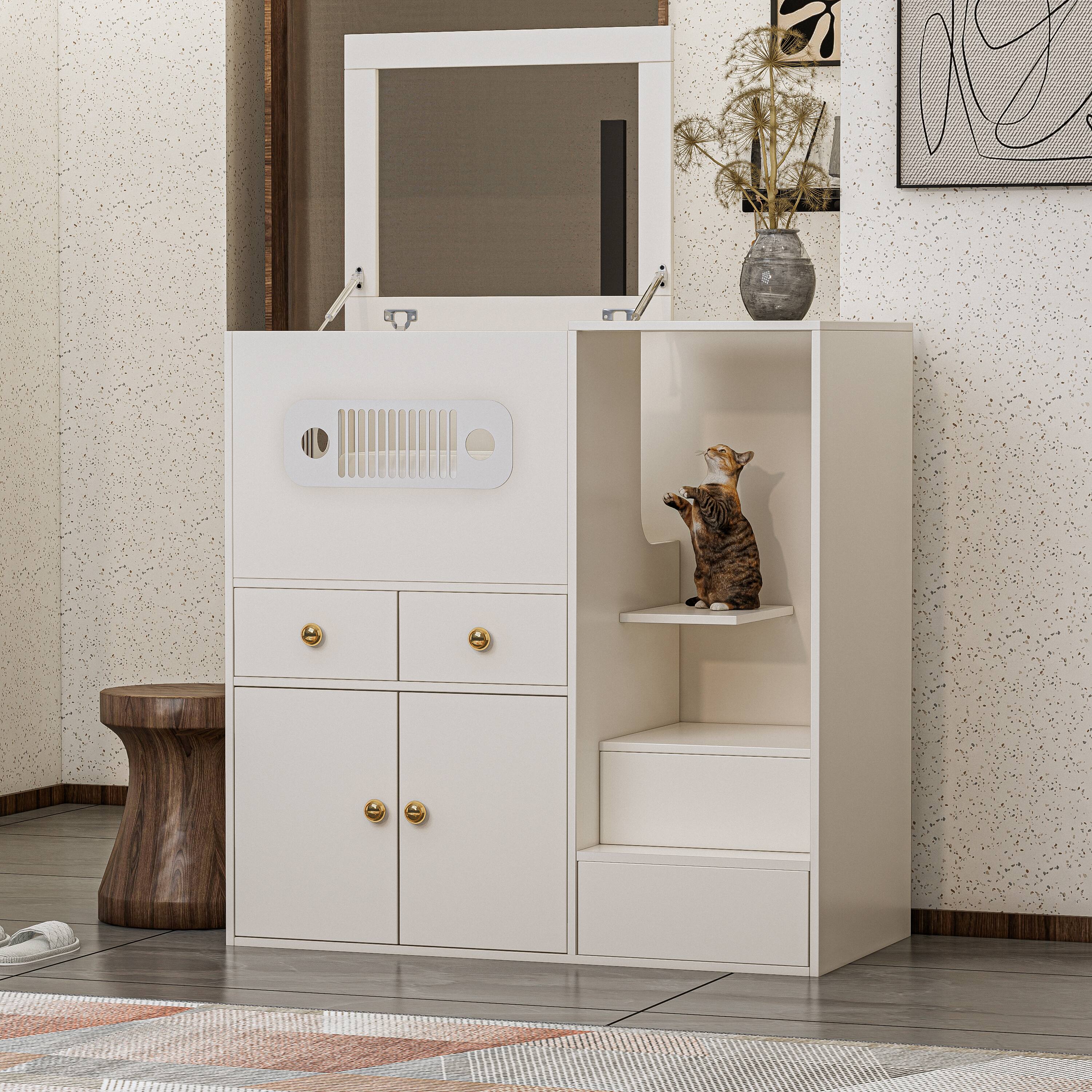 Alt View 3. MSOOB - Hidden Top Opening Cat Cabinet with Hydraulic Glass Door and Storage, Modern Cat Litter Box Furniture for Living Room - White.