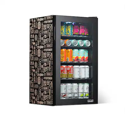 Front. NewAir - 126-Can Beverage Cooler with “Beers of the World” Custom Wrap, Glass Door, Custom, SplitShelf and 7 Temperature Settings - Black.