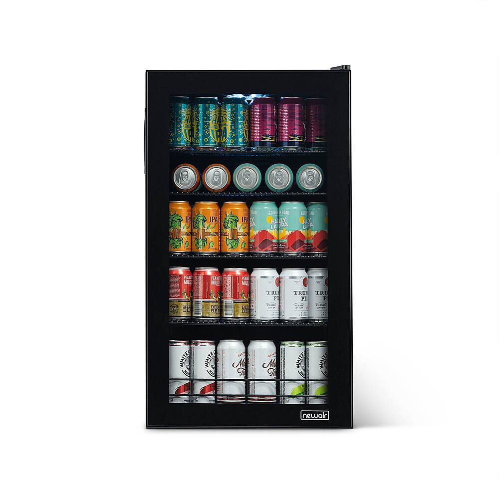 Angle. NewAir - 126-Can Beverage Cooler with “Beers of the World” Custom Wrap, Glass Door, Custom, SplitShelf and 7 Temperature Settings - Black.