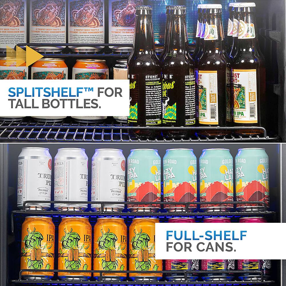 Split-shelf for tall bottles. Full-shelf for cans.