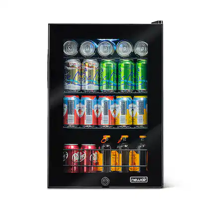 Front. NewAir - 90-Can Freestanding Beverage Fridge, Compact with Adjustable Shelves and Lock - Black.
