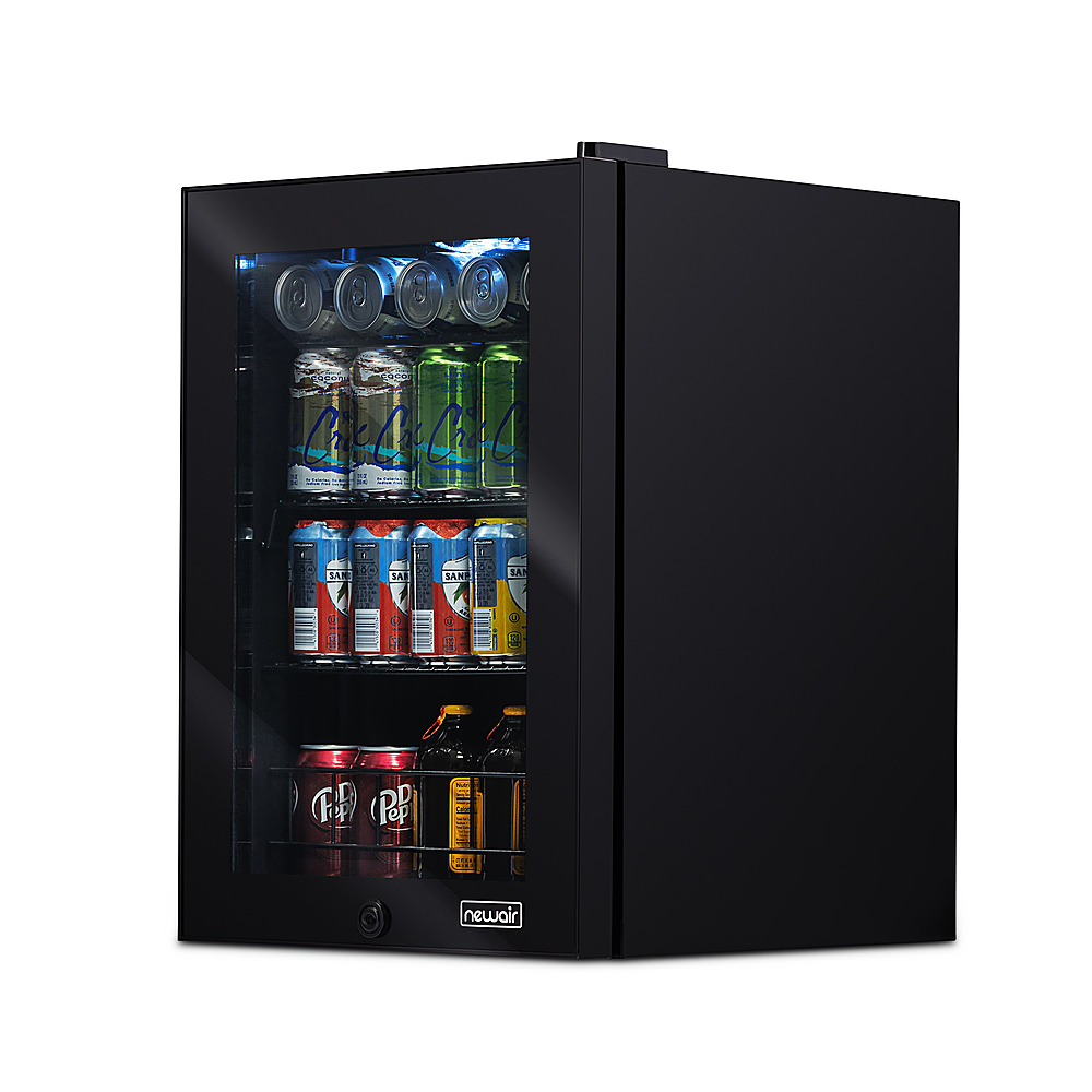 Left. NewAir - 90-Can Freestanding Beverage Fridge, Compact with Adjustable Shelves and Lock - Black.