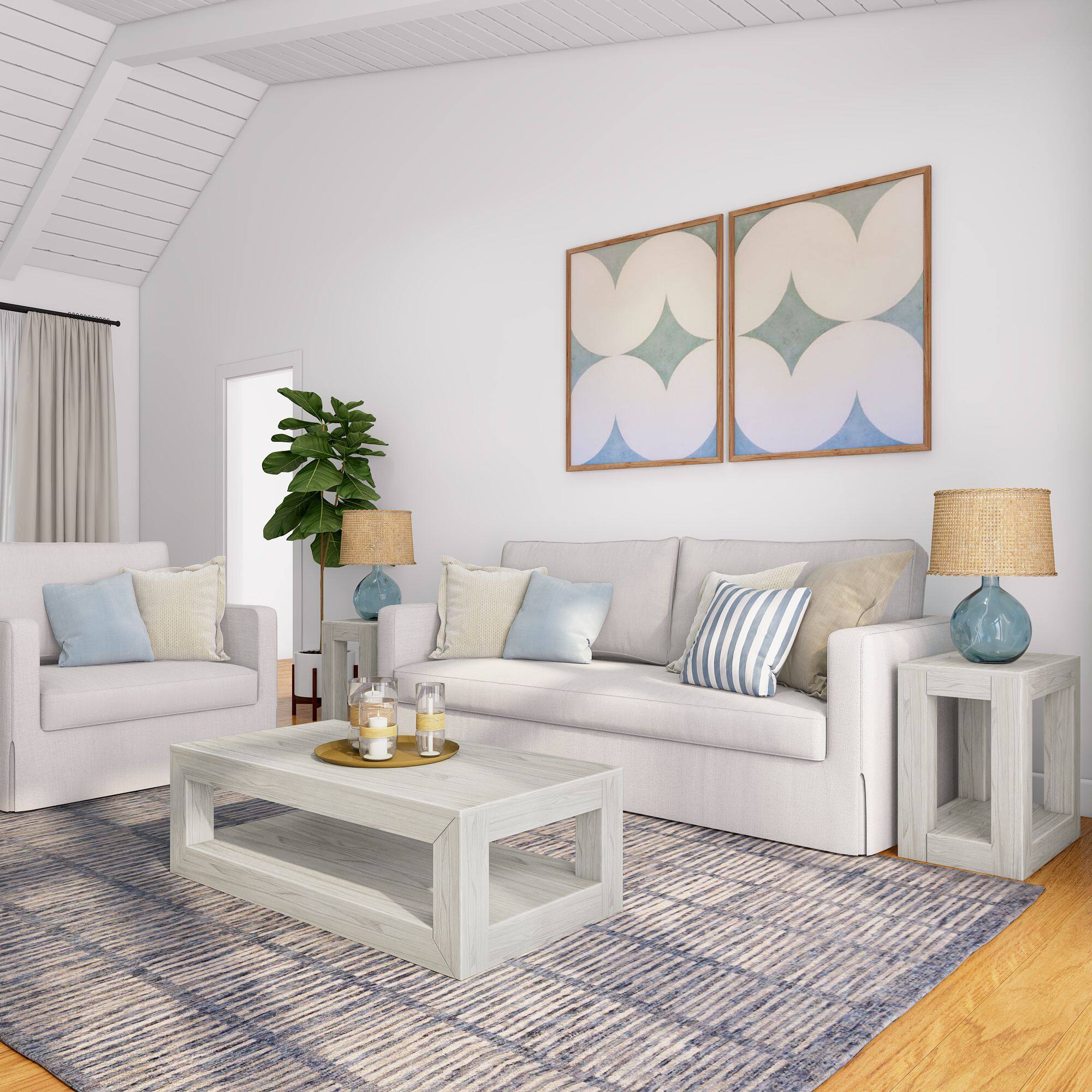 Alt View 5. Plank+Beam - Modern Rectangular Coffee Table with Bottom Shelf (40in x 20in / 1020mm x 510mm), White Sand Wirebru - White Sand Wirebrush.