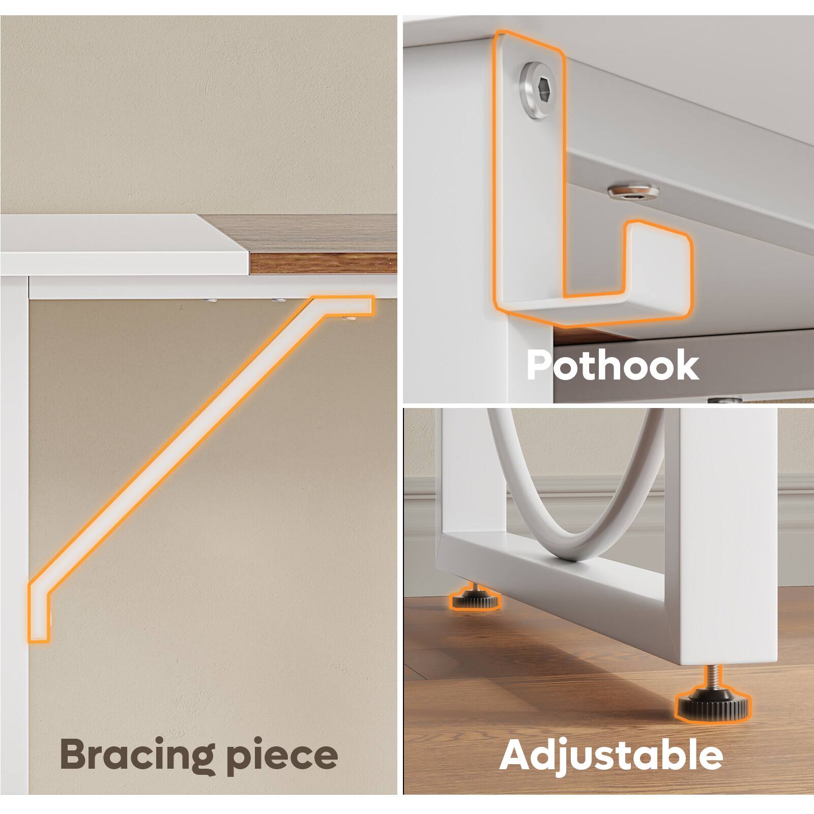 The text on the image is grouped as follows:

1. Pothook: This refers to the L-shaped bracket that is used to attach the desk to the wall.
2. Bracing piece: This refers to the metal brace that connects the desk to the wall, providing additional support and stability.
3. Adjustable: This refers to the adjustable feature of the desk, which allows for easy adjustment of the height and position of the desk.