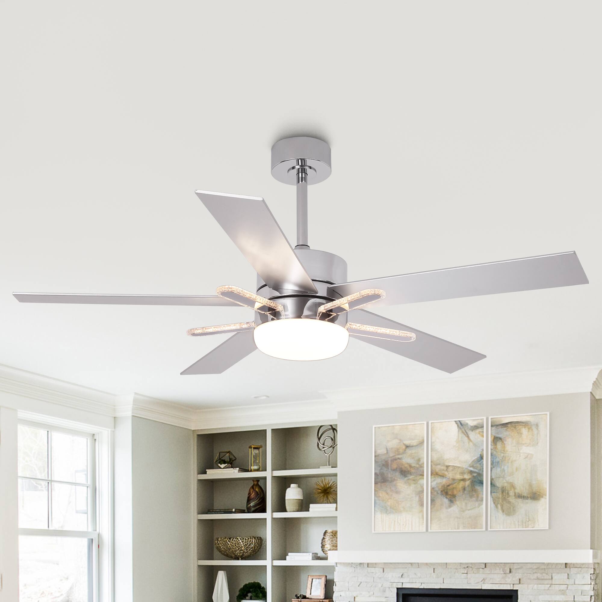 Back. Parrot Uncle - 52" Chrome Modern 3CCT Integrated LED Ceiling Fan with 5 Acrylic Bars and Remote - Chrome.