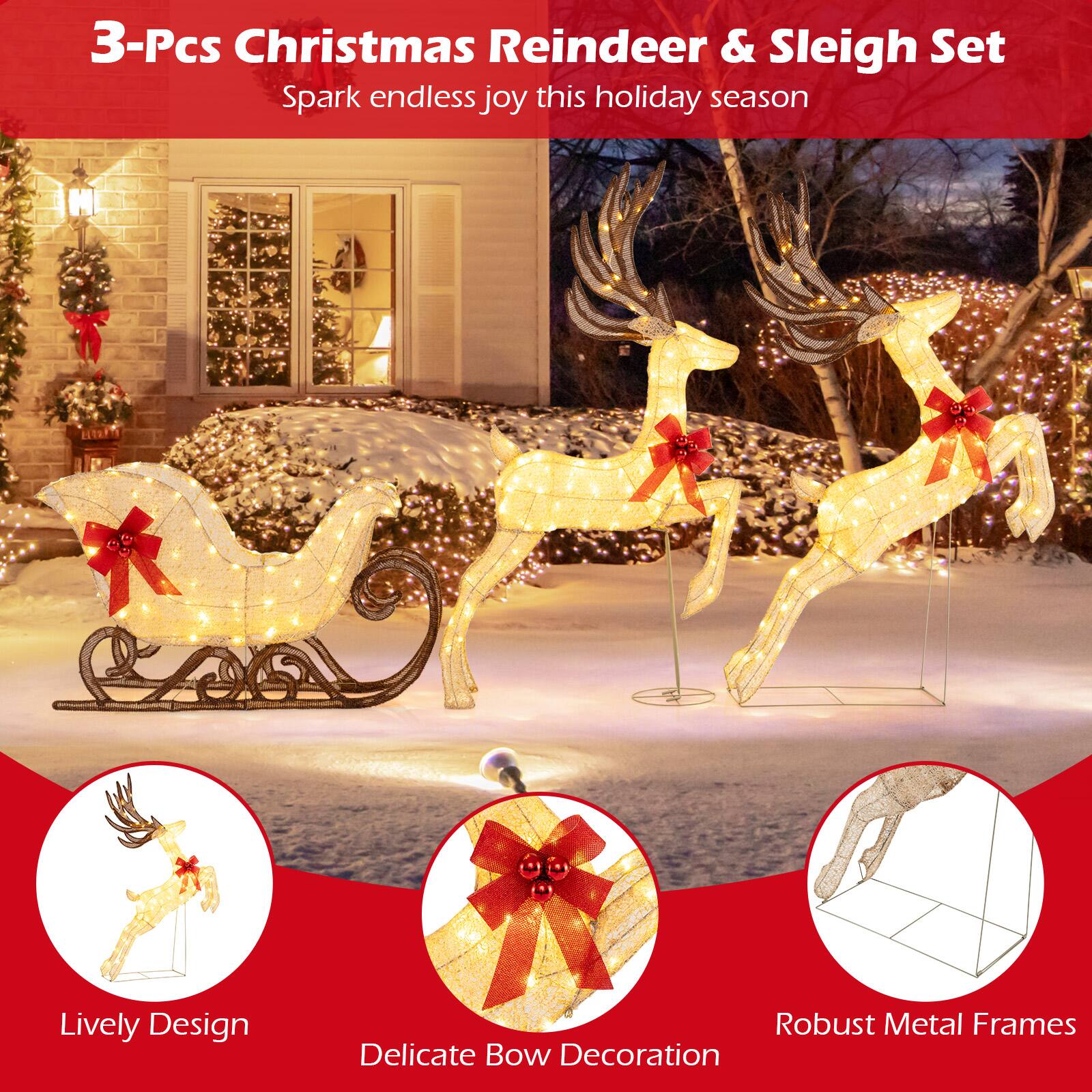 3-Pcs Christmas Reindeer & Sleigh Set  
Spark endless joy this holiday season  

- Lively Design  
- Delicate Bow Decoration  
- Robust Metal Frames