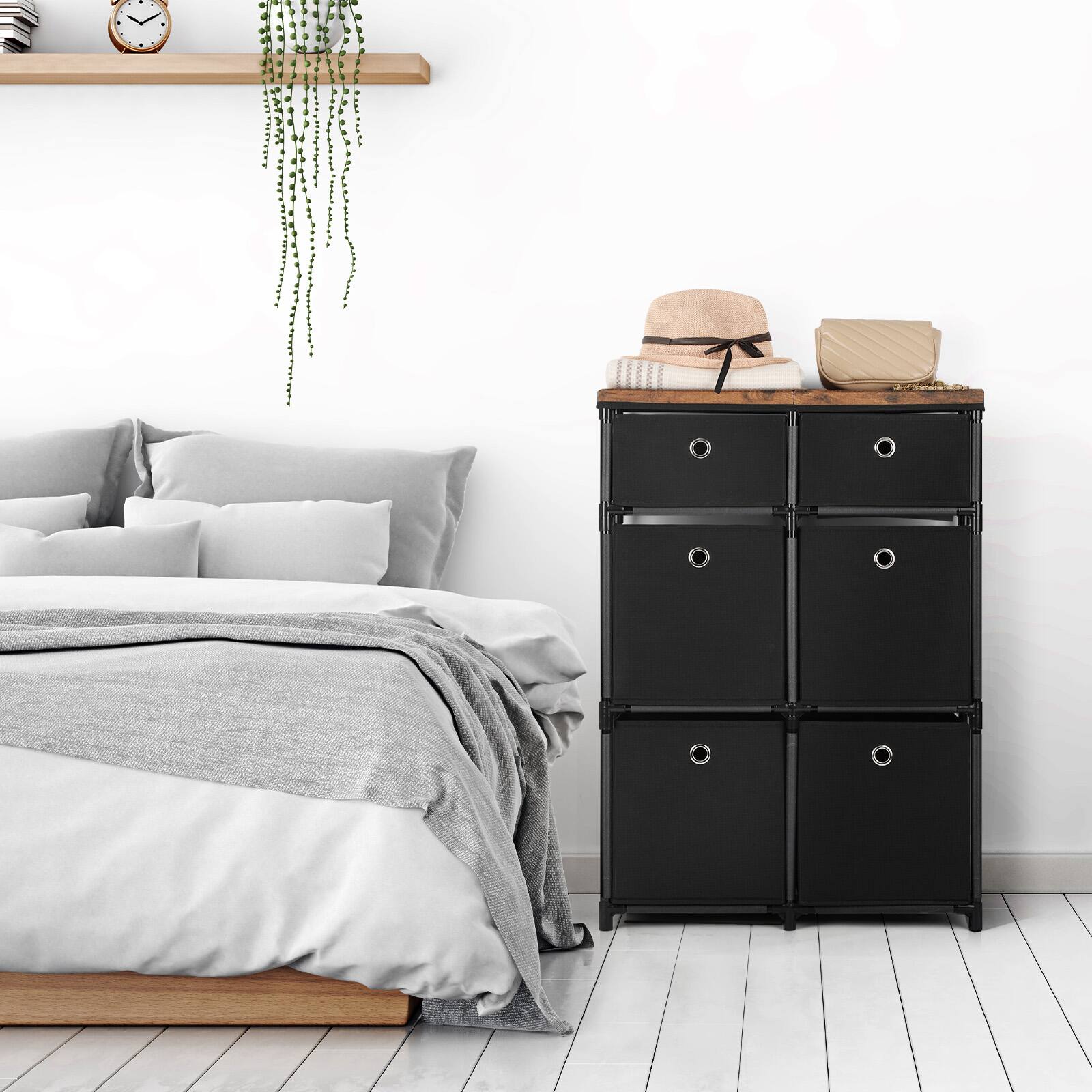 Back. Oumilen - 6-Drawer Fabric Storage Dresser with Rustic Wood Top - Black.