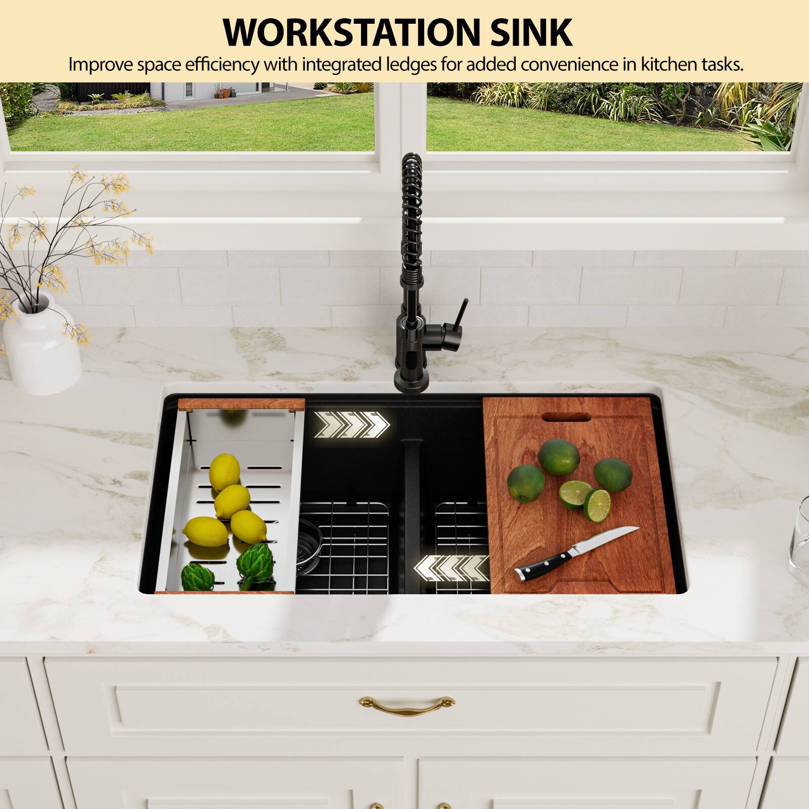 WORKSTATION SINK

Improve space efficiency with integrated ledges for added convenience in kitchen tasks.