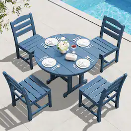 SERWALL - 5-Piece HDPE Patio Dining Sets, 45" Round Dining Table and 4 Armless Dining Chairs - Navy