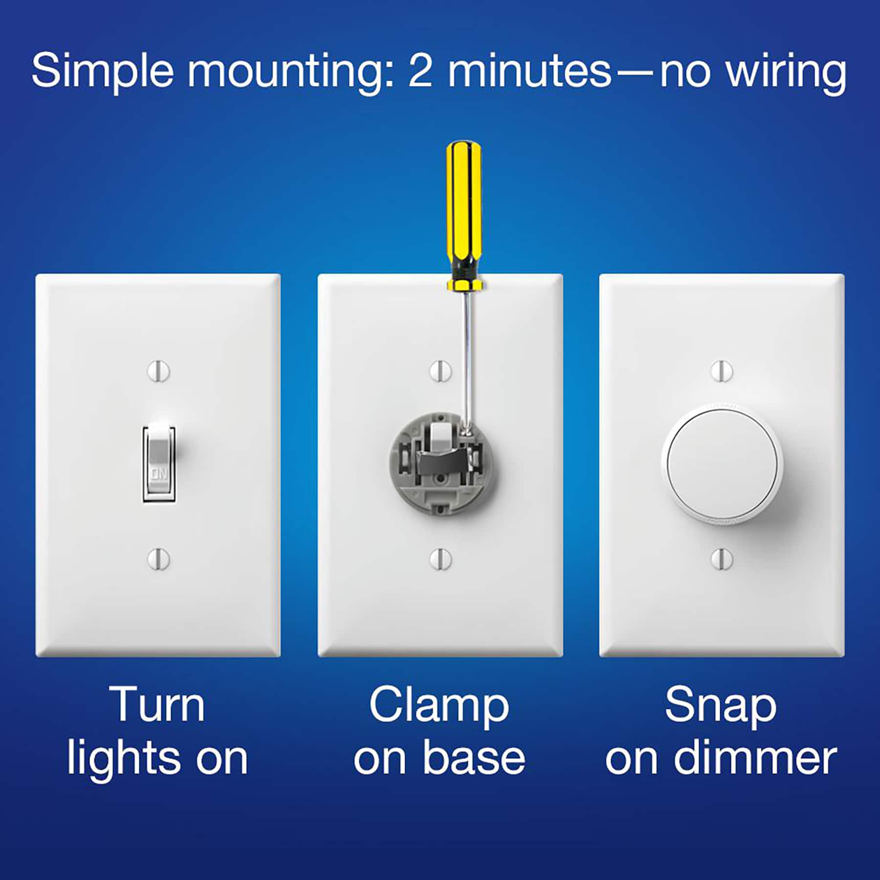 Simple mounting: 2 minutes - no wiring required. Turn lights on, clamp on base, snap on dimmer.