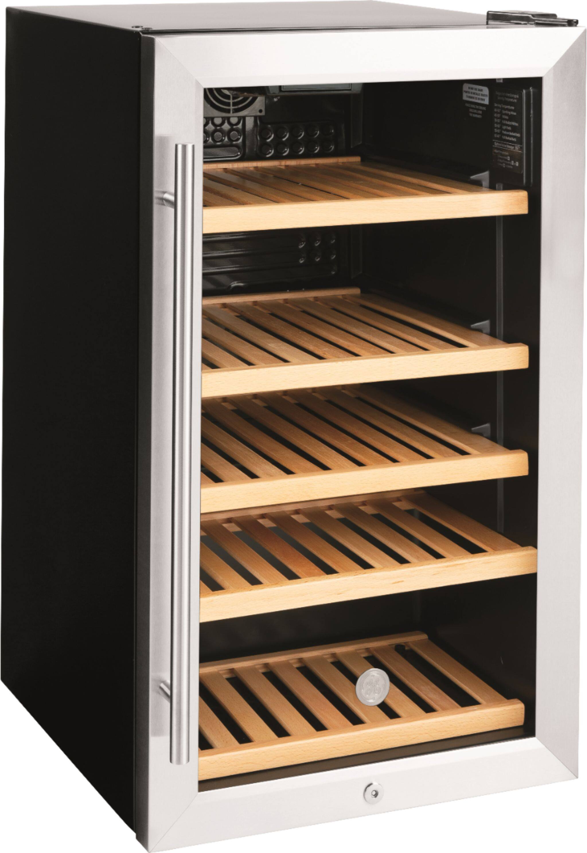 Angle. GE - 109 Can / 31 Bottle Beverage and Wine Center - Stainless Steel.