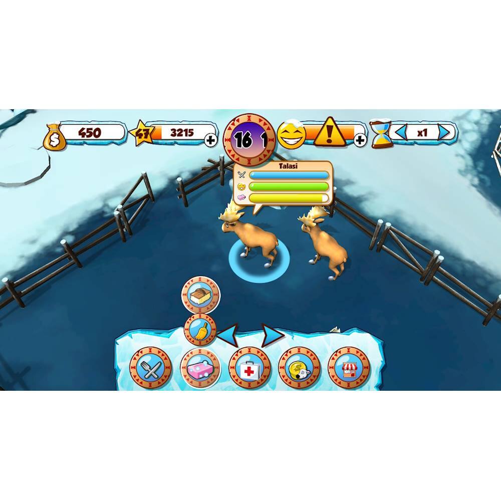 The image shows a game with a fence and two horses. The game has a scoreboard displaying the player's progress, which includes the number of stars, horses, and the current score. The game is set in a snowy environment, adding to the overall atmosphere.
