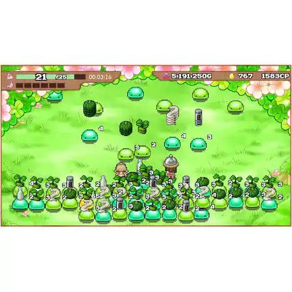 The image shows a game with a score of 21/25, a time of 00:03:16, and a total of 5,191,250 points. There are 767 coins and 1583 CPs in the game. The game is set in a field with various plants and objects, including a person, a bottle, and a cup. The player is surrounded by a large number of plants, some of which are green, and there are also several other objects scattered throughout the scene. - E (Everyone)