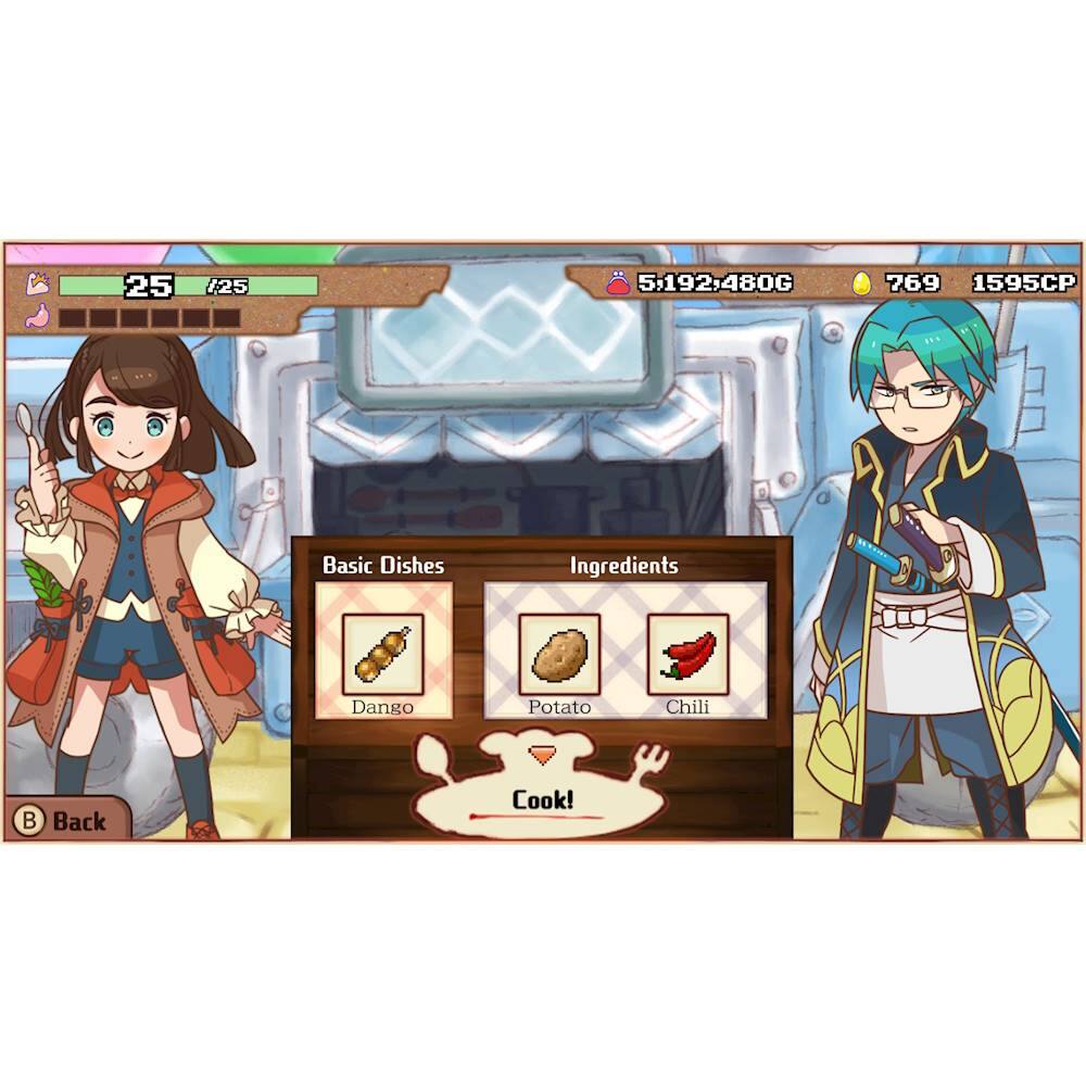 The image features a character in a game, who is cooking a meal. The character is standing next to a menu, which shows the ingredients and dishes available. The menu is displayed on a TV screen, and the character is pointing at the menu. The game appears to be a cooking simulation, where the player has to prepare various dishes using the ingredients provided.