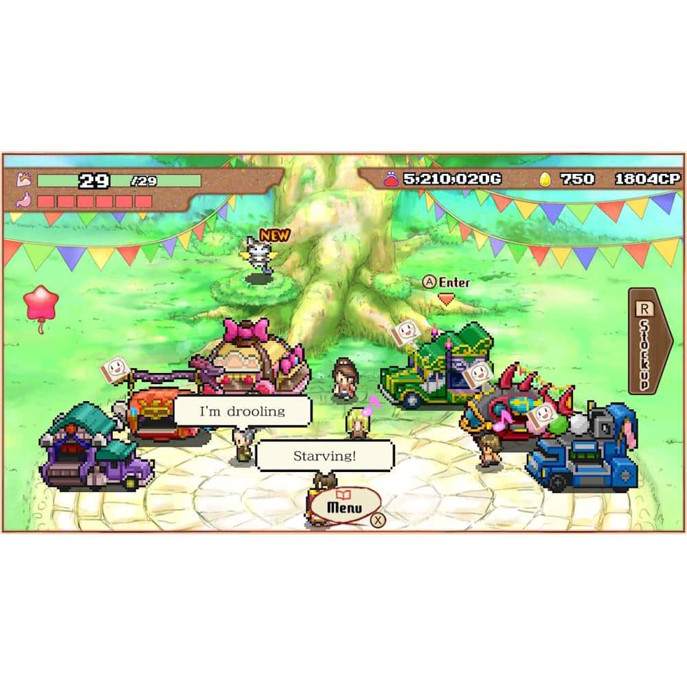 The image shows a group of characters standing around a tree, with some of them holding umbrellas. The characters appear to be in a game or a cartoon setting. The text displayed in the image reads "I'm drooling" and "Starving!". The scene also includes a menu option and a car nearby.