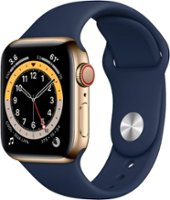 Apple Watch Series 6 (GPS + Cellular) 40mm Gold Stainless Steel Case with Deep Navy Sport Band - Gold - Front_Zoom