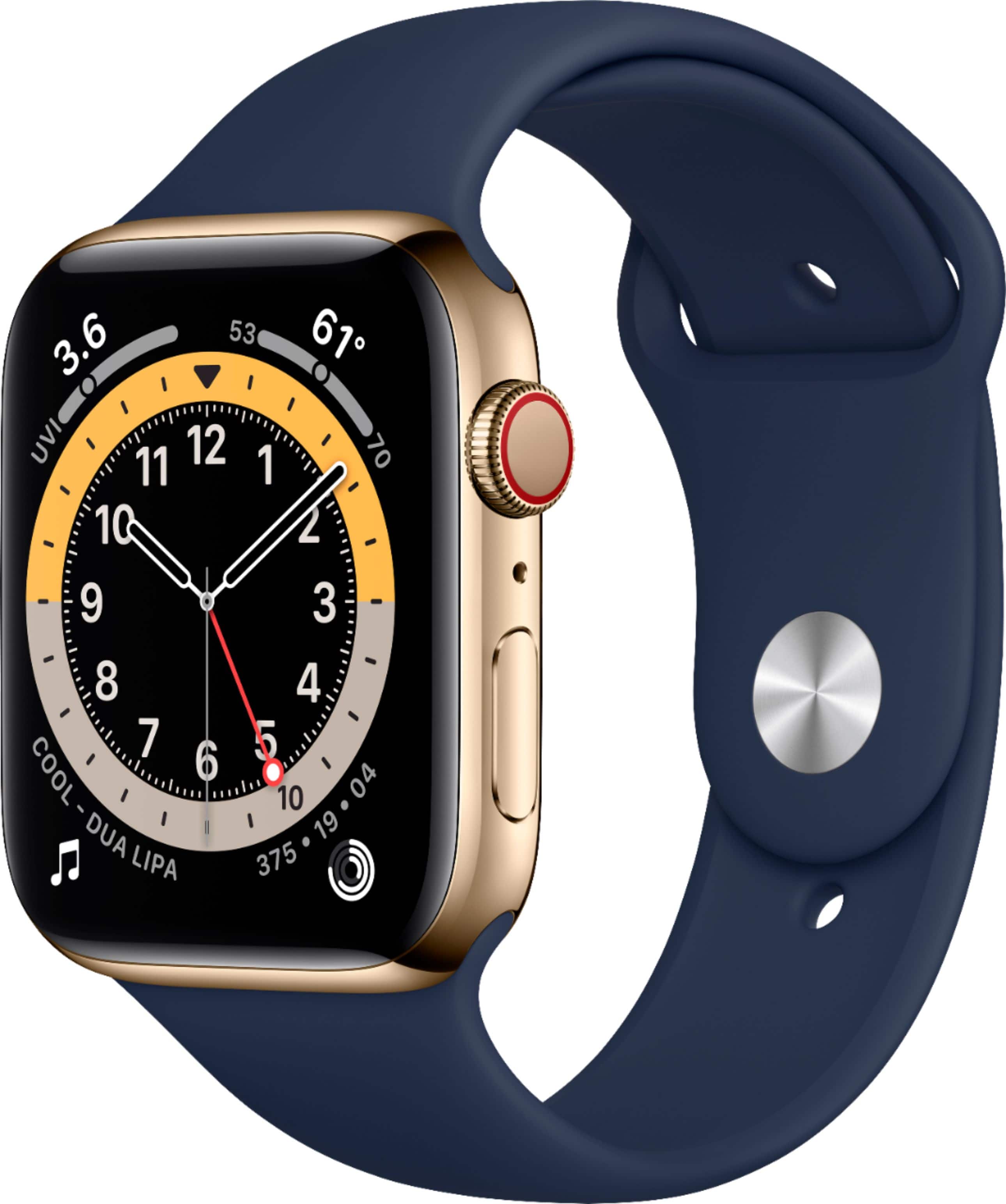 Front. Apple - Apple Watch Series 6 (GPS + Cellular) 44mm Gold Stainless Steel Case with Deep Navy Sport Band - Gold.