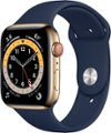 Front Zoom. Apple Watch Series 6 (GPS + Cellular) 44mm Gold Stainless Steel Case with Deep Navy Sport Band - Gold.
