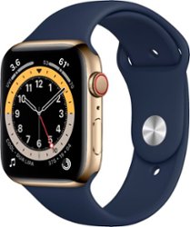 Apple Watch Series 6 (GPS + Cellular) 44mm Gold Stainless Steel Case with Deep Navy Sport Band - Gold - Front_Zoom