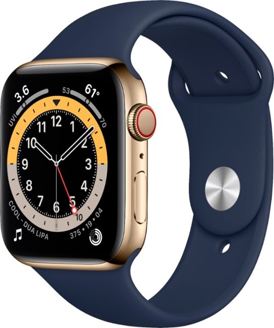 Front Zoom. Apple Watch Series 6 (GPS + Cellular) 44mm Gold Stainless Steel Case with Deep Navy Sport Band - Gold.