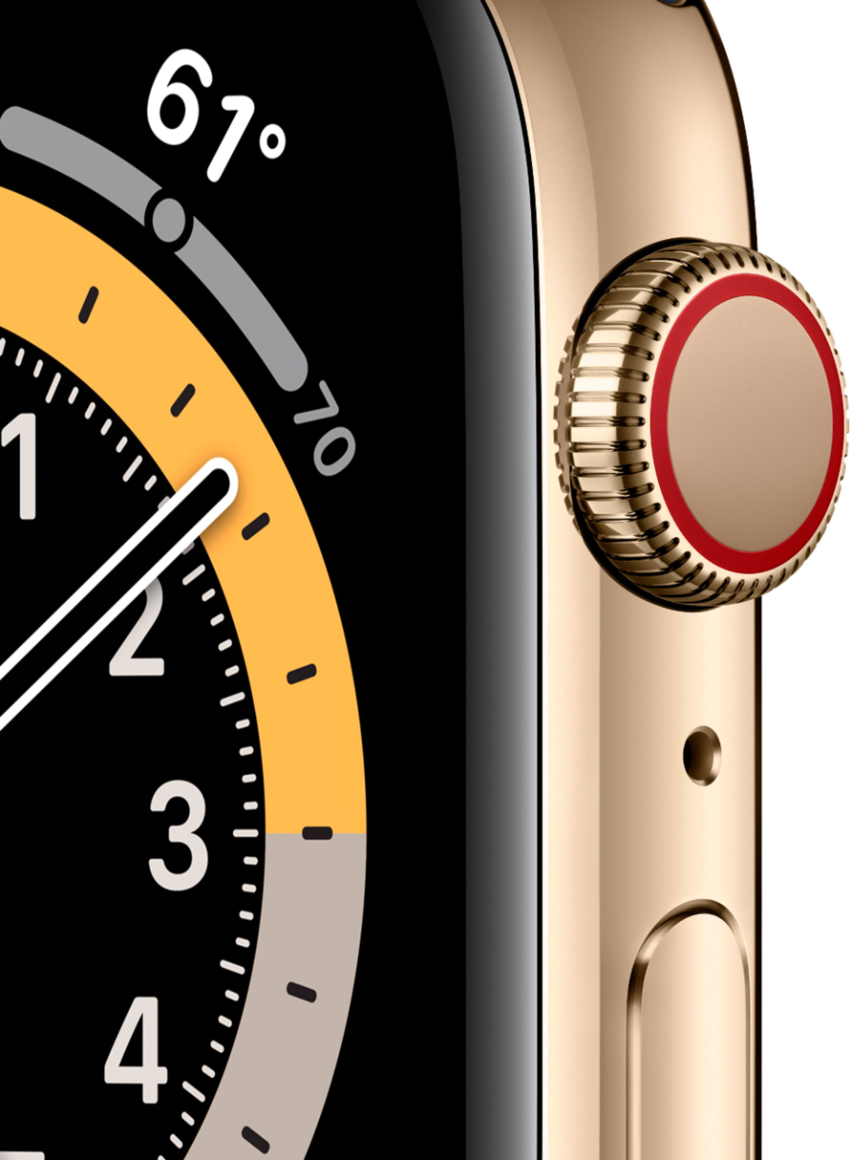 Alt View 11. Apple - Apple Watch Series 6 (GPS + Cellular) 44mm Gold Stainless Steel Case with Deep Navy Sport Band - Gold.