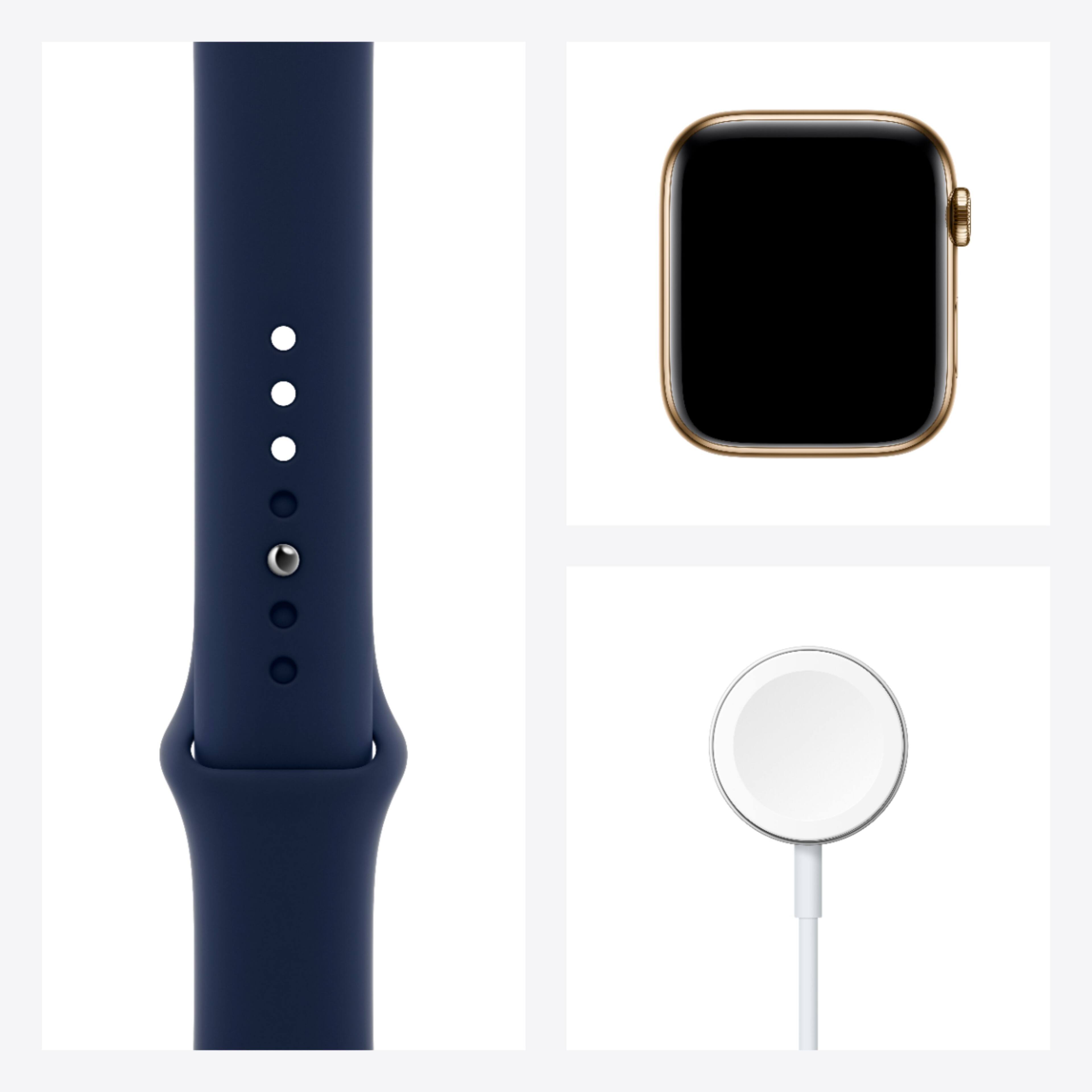 Alt View 15. Apple - Apple Watch Series 6 (GPS + Cellular) 44mm Gold Stainless Steel Case with Deep Navy Sport Band - Gold.