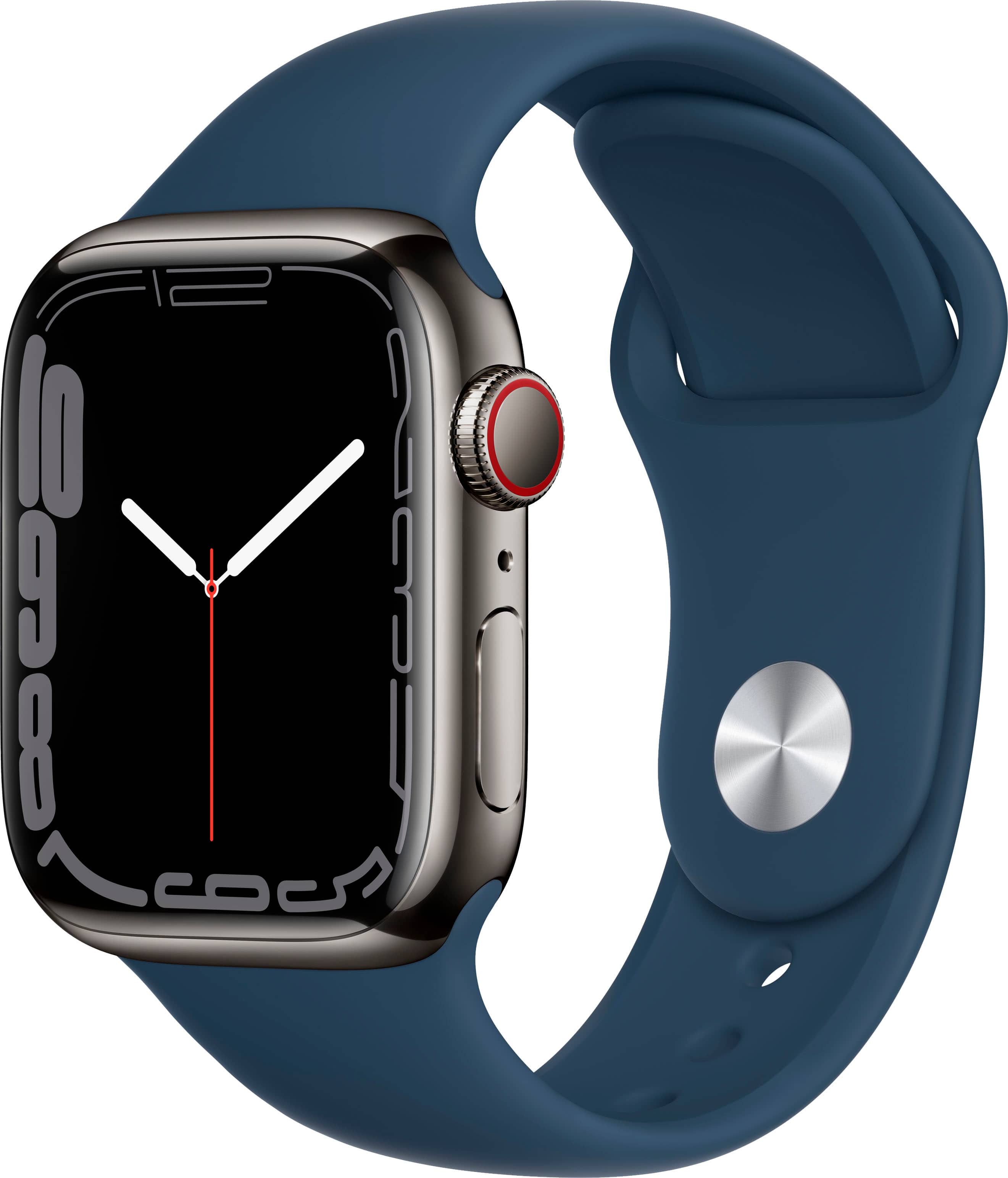 Angle. Apple - Refurbished Apple Watch Series 7 (GPS + Cellular) 41mm Stainless Steel Case with Abyss Blue Sport Band - Graphite.