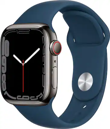 Angle. Apple - Refurbished Apple Watch Series 7 (GPS + Cellular) 41mm Stainless Steel Case with Abyss Blue Sport Band - Graphite.