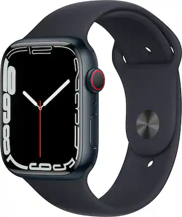 Front. Apple - Apple Watch Series 7 (GPS + Cellular) 45mm Aluminum Case with Midnight Sport Band - Midnight.