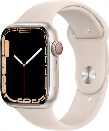 Angle. Apple - Geek Squad Certified Refurbished Apple Watch Series 7 (GPS + Cellular) 45mm Aluminum Case with Starlight Sport Band - Starlight.