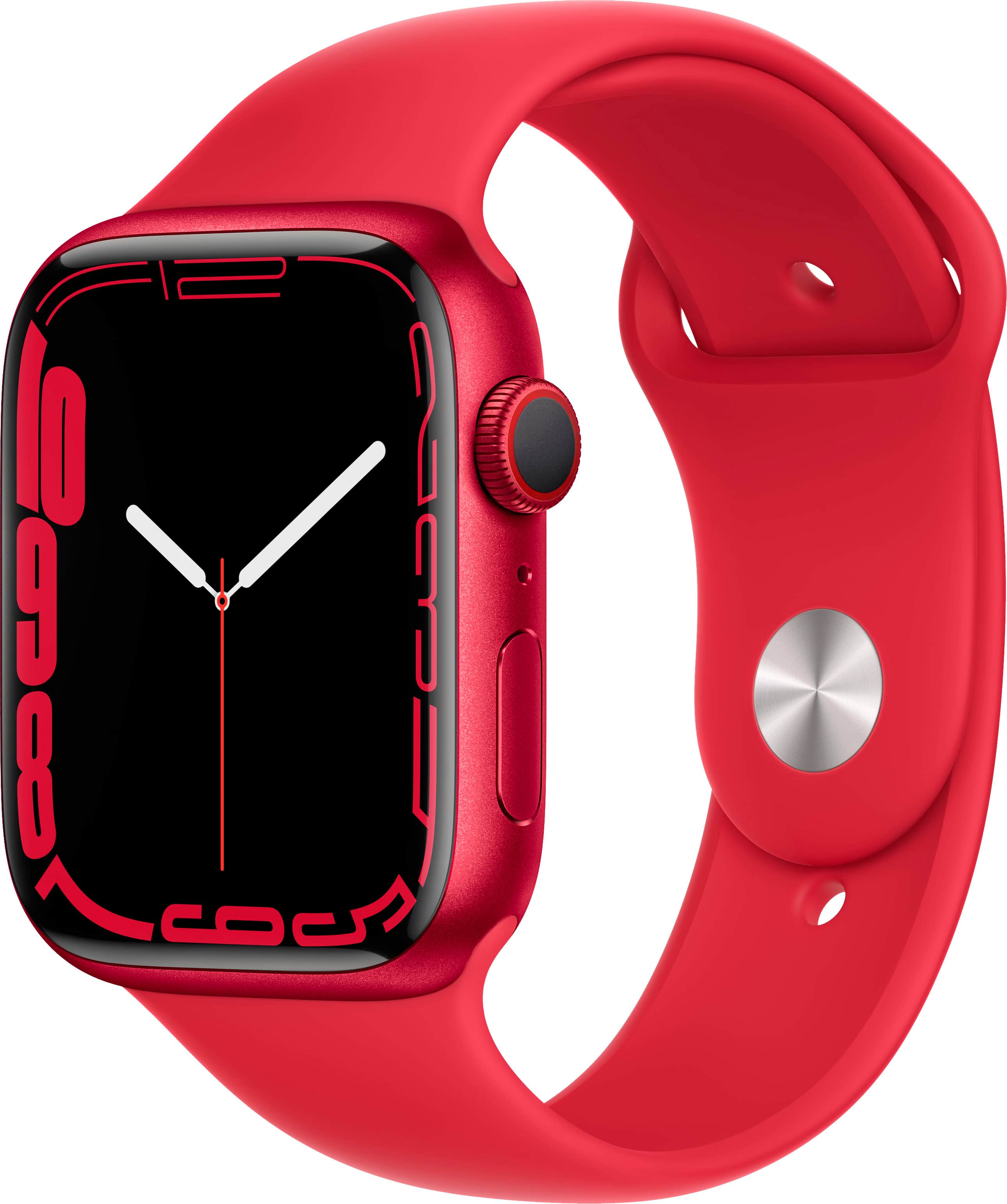 Angle. Apple - Geek Squad Certified Refurbished Apple Watch Series 7 (GPS + Cellular) 45mm RED Aluminum Case with RED Sport Band - (PRODUCT)RED.