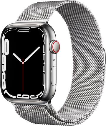 Angle. Apple - Geek Squad Refurbished Apple Watch Series 7 (GPS + Cellular) 45mm Stainless Steel Case with Silver Milanese Loop - Silver.