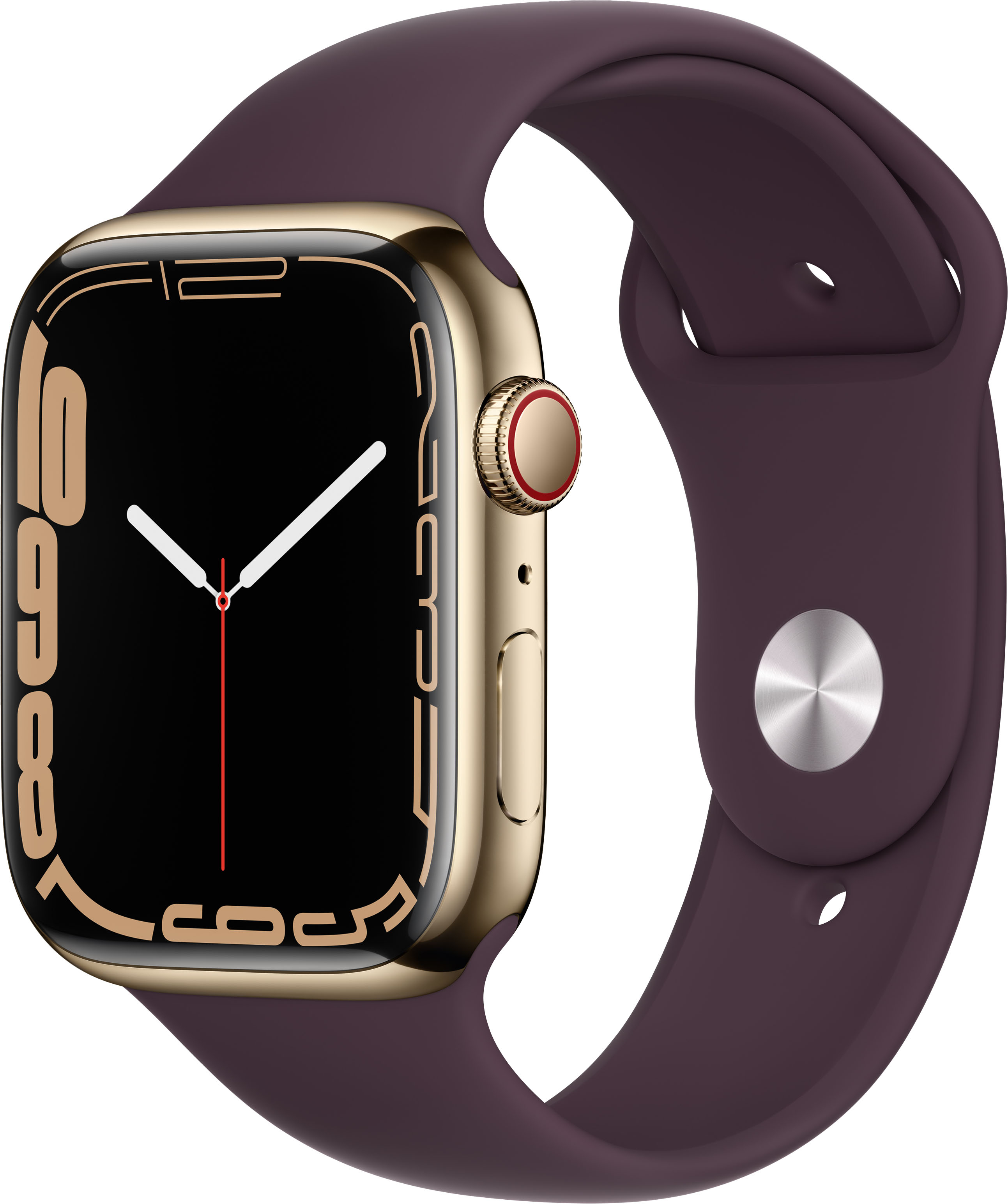 Apple Watch Series 7 (GPS + Cellular) 45mm Gold Stainless Steel Case with Dark Cherry Sport Band - Gold