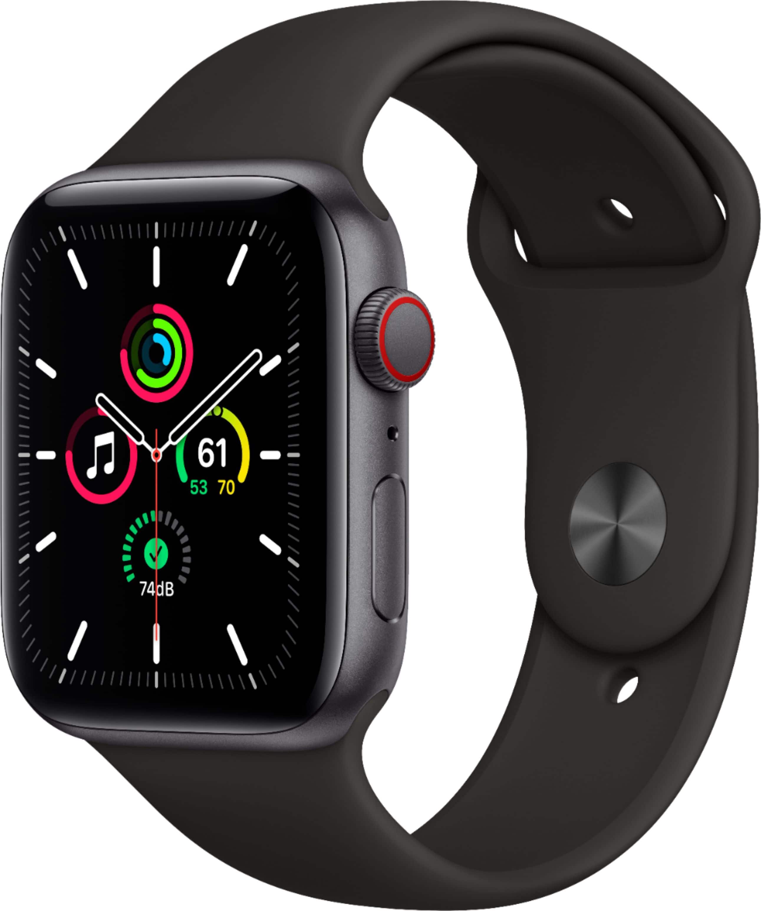 Front. Apple - Apple Watch SE (GPS + Cellular) 44mm Space Gray Aluminum Case with Black Sport Band - Space Gray.