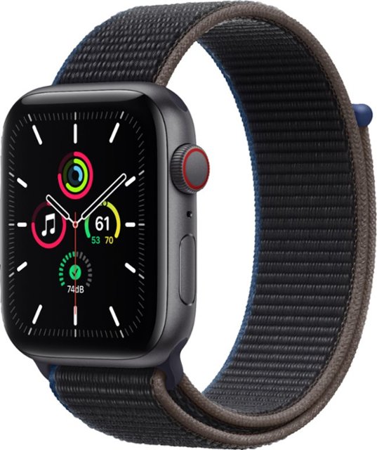 Front Zoom. Apple Watch SE (GPS + Cellular) 44mm Space Gray Aluminum Case with Charcoal Sport Loop - Space Gray.