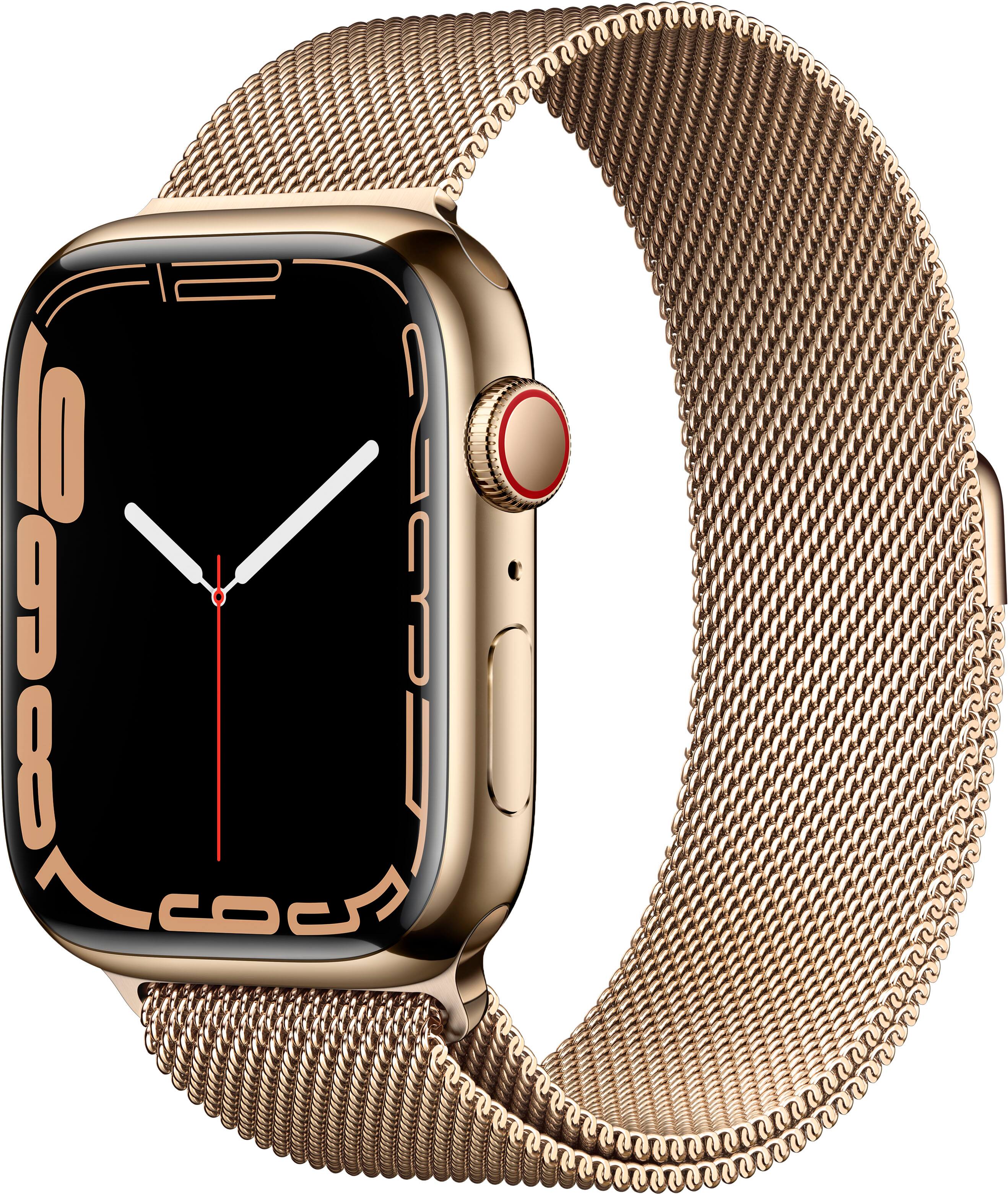 Angle. Apple - Refurbished Apple Watch Series 7 (GPS + Cellular) 45mm Gold Stainless Steel Case with Gold Milanese Loop - Gold.